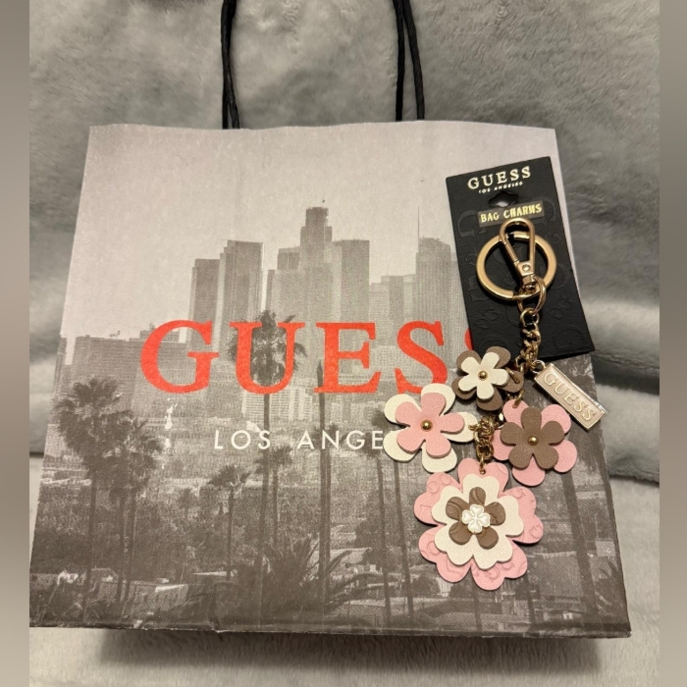 GUESS Pink, Brown & Cream Layered Floral Keychain